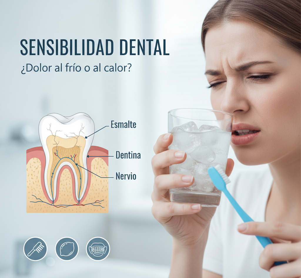 Mujer con dolor al beber agua fría, ilustración de diente con esmalte, dentina y nervio explicando la sensibilidad dental.